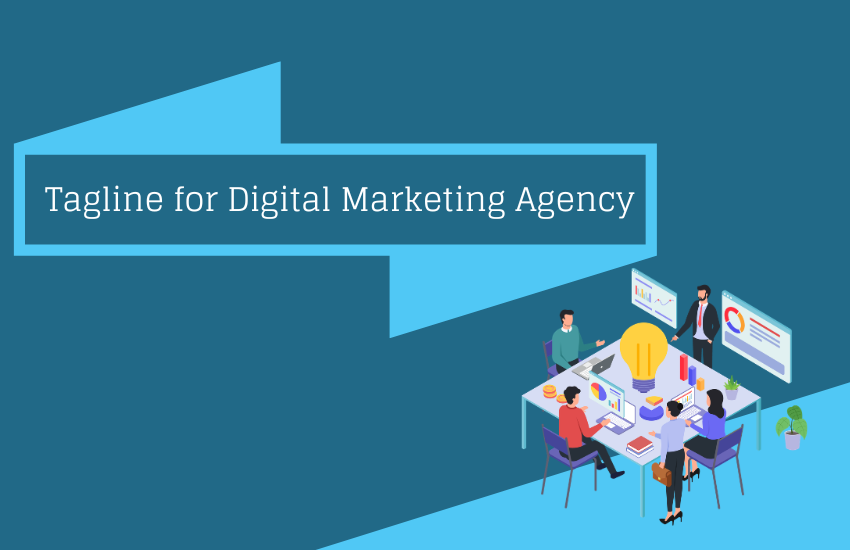 An isometric illustration shows a group of five professionals in business casual clothing gathered around a square conference table on a light blue floor space. The people are using laptops and reviewing large transparent holographic screens that display graphs and charts. The back wall has a dark teal hue, and a light-blue arrow banner points left and contains the text: Tagline for Digital Marketing Agency.